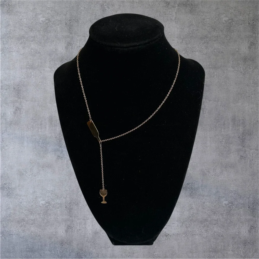Wine Bottle & Glass Lariat Necklace Womens Gold Tone Novelty‎ Fun